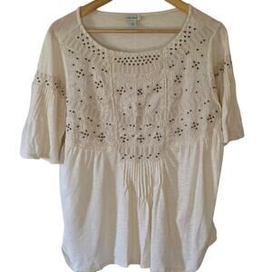 Sundance Women's Ivory Pintucked Embroidery Boho Top Large Flowing Beaded Shirt